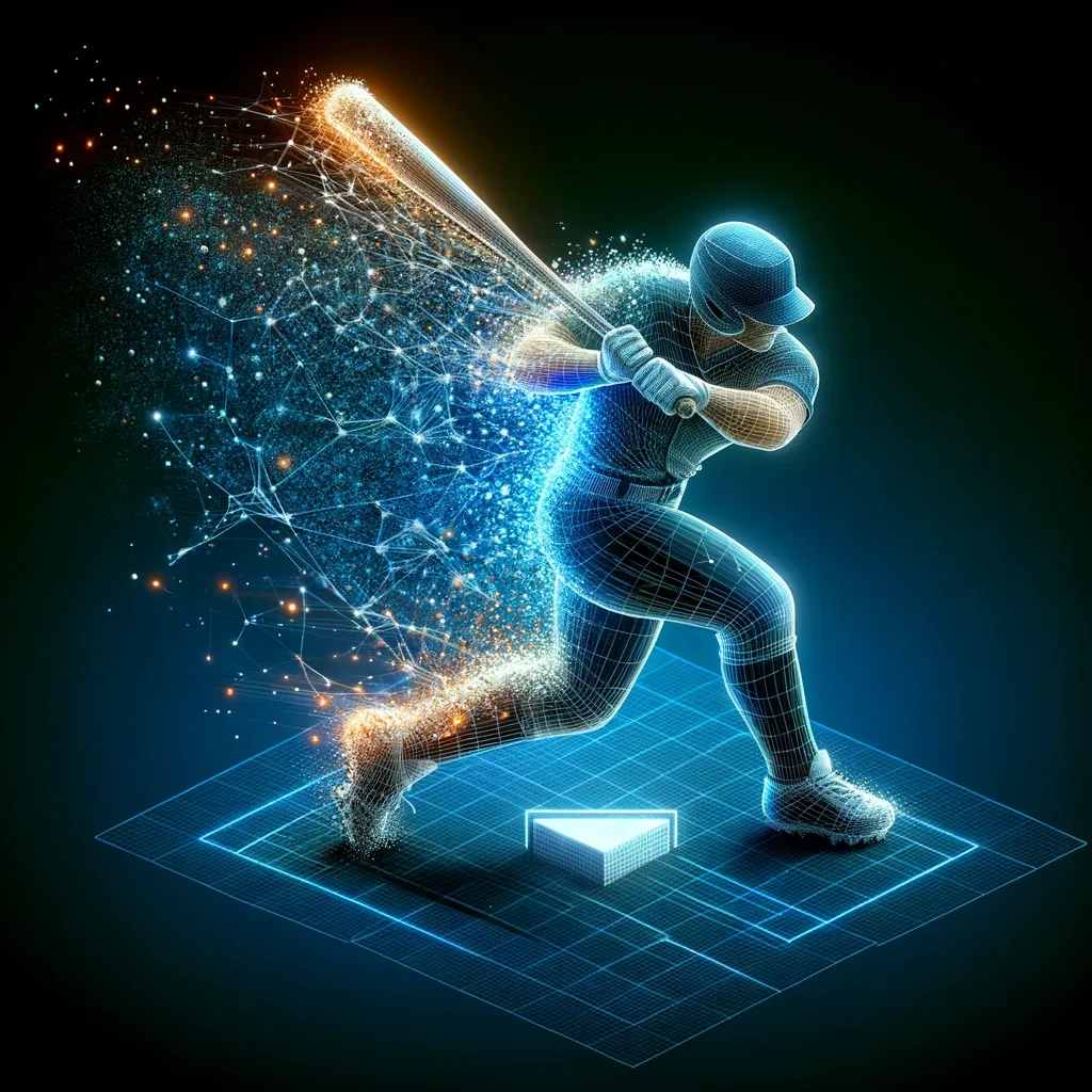 A digital art representation of a baseball player in mid-swing, rendered in a cyberpunk style with a body made of a blue glowing mesh and particles disintegrating from the bat and player against a dark background with a neon grid depicting the ground.