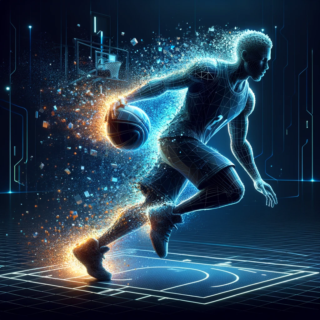 A basketball player disintegrating into the digital realm