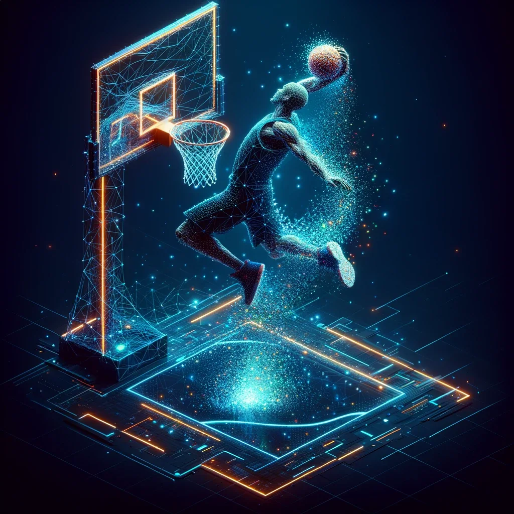 A digital artwork of a basketball player performing a slam dunk, depicted in a futuristic cyberpunk style with the player and the hoop constructed from a glowing mesh of particles and geometric lines against a dark background with scattered points of light.